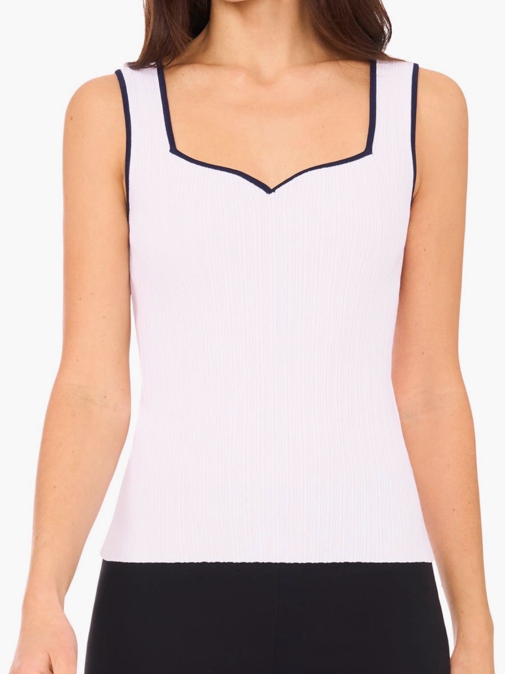 Halogen White Ribbed Square-Neck Tank with Piped Navy Trim